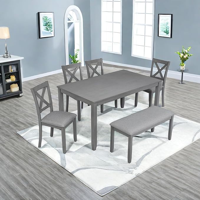 Dining Table Set, 6-Piece Kitchen Table & Chair Set with Rectangular Dining Table, 4 Upholstered X-Shaped Backrest Chairs and a Bench, Wooden Dining Table Set for 6 People, Gray