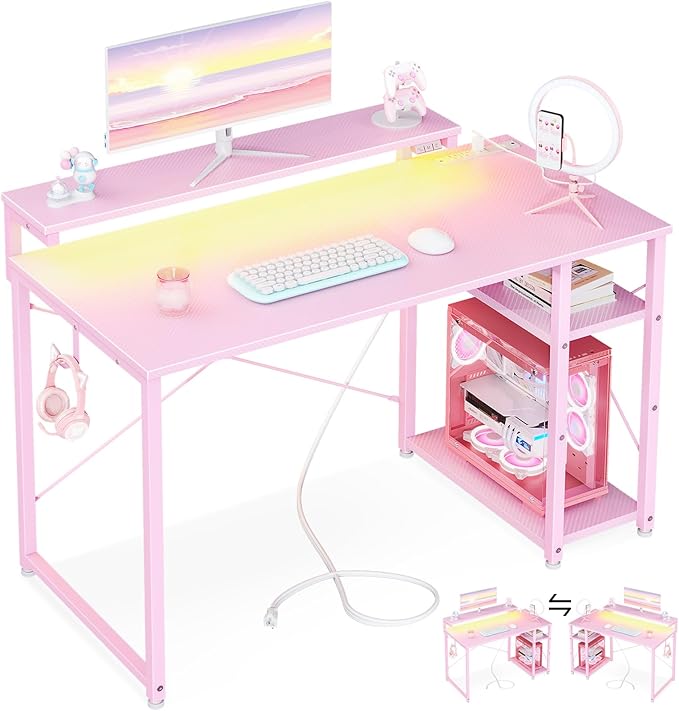 MOTPK 40 Inch Small Gaming Desk with Storage & Led Lights, Computer Desk with Power Outlet & Shelf, Reversible Gamer Desk with Adjustable Monitor Stand, Carbon Fiber Texture Pink