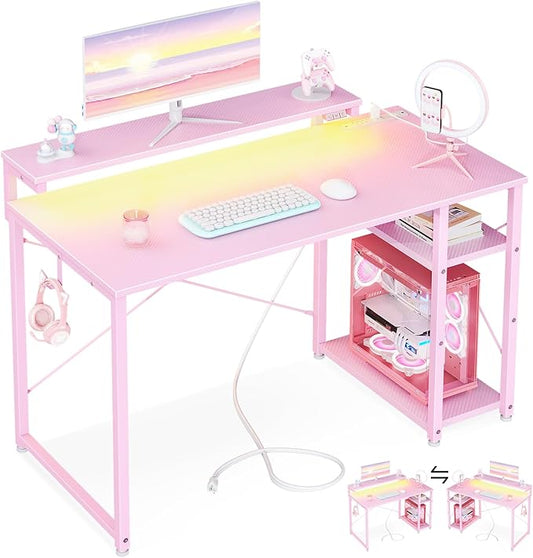 MOTPK 40 Inch Small Gaming Desk with Storage & Led Lights, Computer Desk with Power Outlet & Shelf, Reversible Gamer Desk with Adjustable Monitor Stand, Carbon Fiber Texture Pink