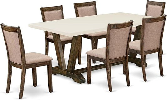 East West Furniture V727MZ716-7 7 Piece Dinette Set Consist of a Rectangle Dining Room Table with V-Legs and 6 Dark Khaki Linen Fabric Upholstered Parson Chairs, 40x72 Inch, Multi-Color