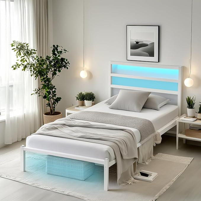 Twin Bed Frame with Headboard,Heavy Duty Steel Slats Support-LED Bed Frame with USB Charging Station,Mattress Foundation-Under Bed Storage,No Box Spring Needed,Noise Free,White
