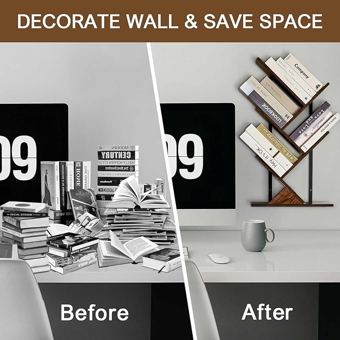 5 Tier Tree Bookshelf Floating Book Shelves for Wall Mount, Wooden Hanging Shelves Storage for Displaying Books/CDs/Magazine, Unique Wall Bookcase Organizer Shelves for Home, Office, Living Room