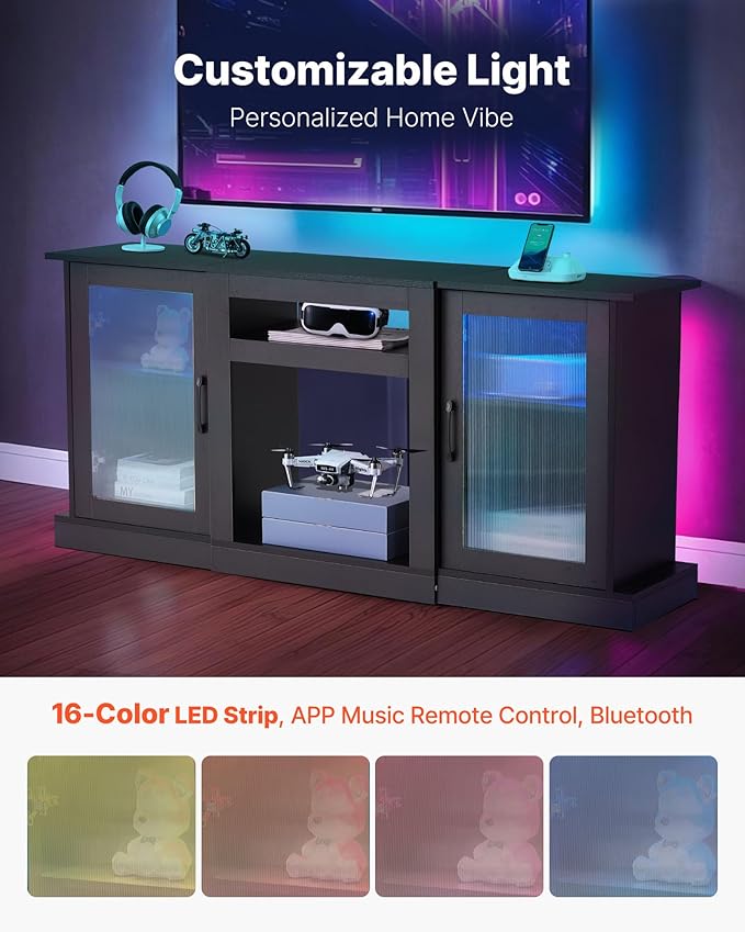 VEVOR TV Stand for TVs up to 65 inch, Modern Entertainment Center with Light Strip, Wooden TV Cabinet Storage with Glass Doors and Adjustable Shelves, Console Table for Living Room and Bedroom, Black