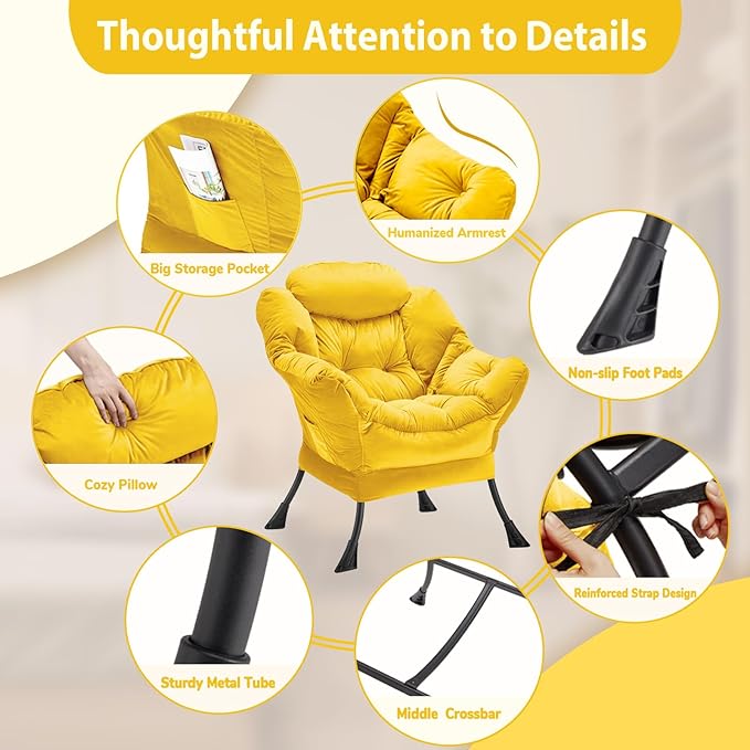 Lazy Chair Thick Padded, Comfy Velvet Accent Lounge Chair with Stable Frame, Leisure Sofa Armchair with Armrests and Side Pocket, Reading Chair for Bedroom, Living Room, Office, Yellow