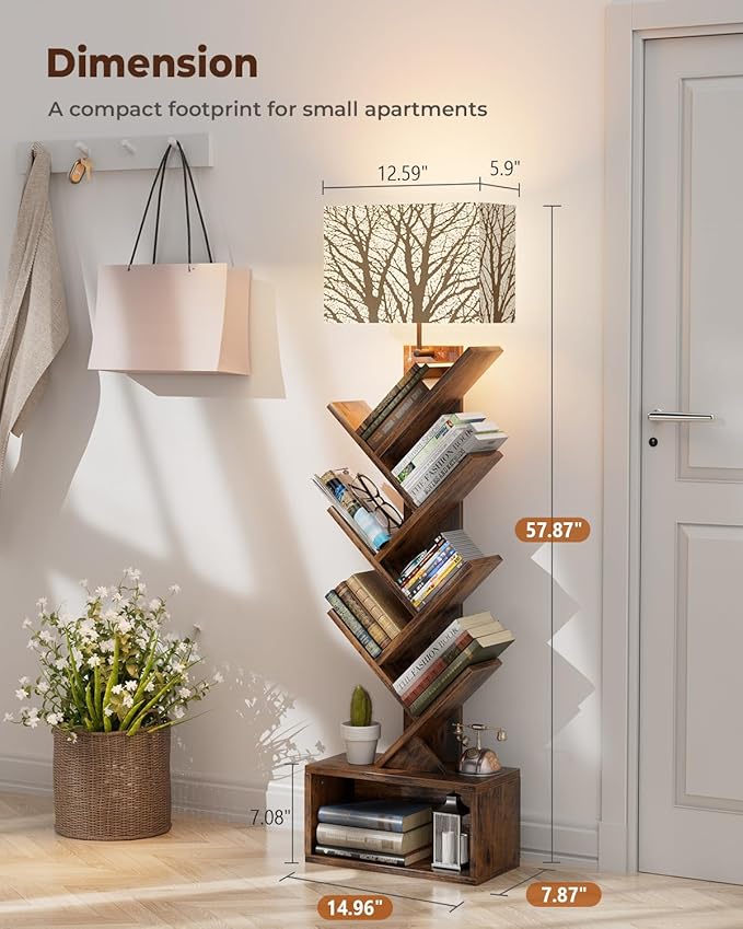 Tree Bookshelf with Light, 6 Tier Small Bookcase, Narrow Floor Standing Book Tower Organizer with Storage Cabinet for Living Room, Bedroom and Home Office, Rustic Brown