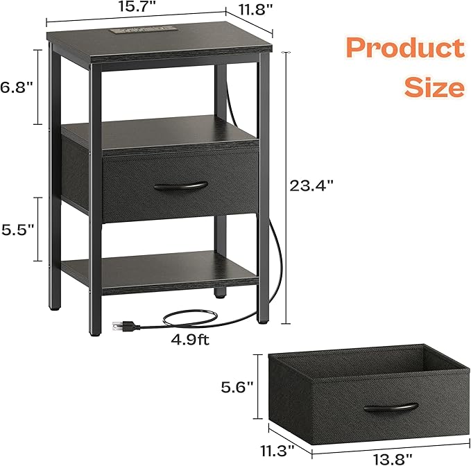 SUPERJARE Nightstand with Charging Station, Bed Side Table with Adjustable Fabric Drawer, Night Stand for Bedroom, 3-Tier Storage End Table, for Living Room, Black