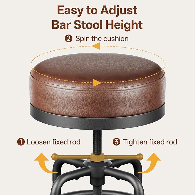 Adjustable Height Swivel Bar Stools Set of 2, 22-29 Inch Industrial Vintage Bar Counter Height Stools with Thicken Premium Bonded Leather Seats & Updated Footrests, Easy Assembly, Brown