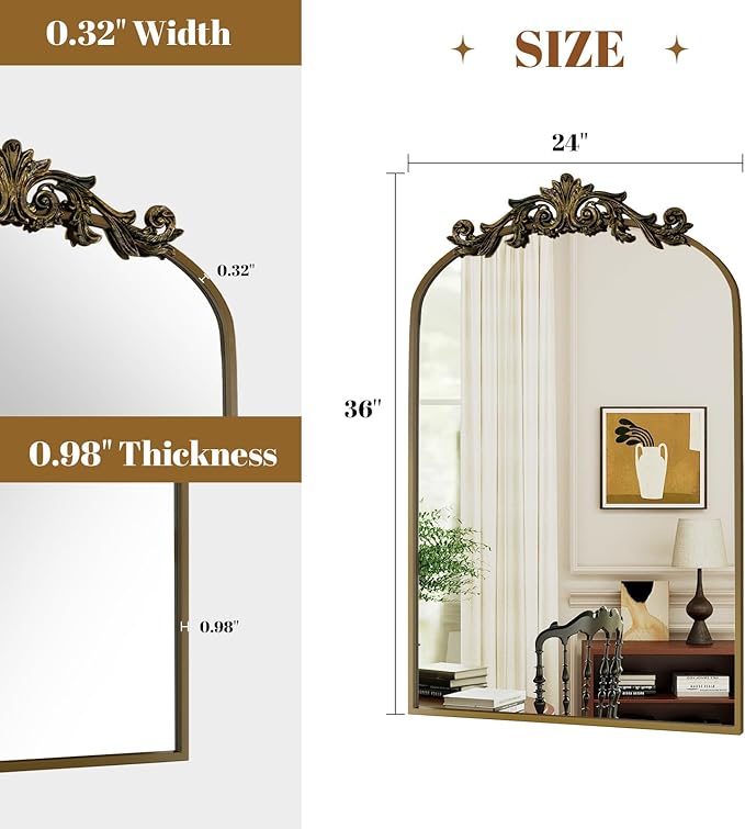 Vintage Arched Bathroom Mirror, 24x36 Inch Retro Wall Mounted Vanity Mirror with Carved Pattern Top and Metal Frame, Antique Decorative Mirror for Hanging or Leaning