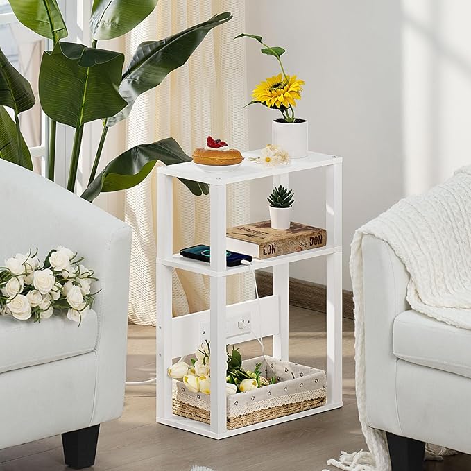 3-Tier Small Narrow Wood Side Table Set of 2 with Charging Station - Skinny Nightstand for Small Spaces, Slim Bedside Table with USB Ports and Outlets - Thin End Table with Storage, White