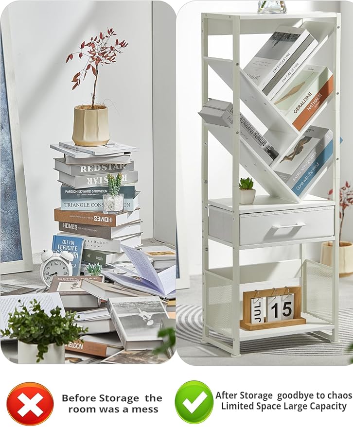 Bookshelf with Drawer,8 Tier Tree Bookcase Retro Floor Standing Bookshelves,Tall Wood Bookcases with Cabinet Storage Organizer for Living Room, Bedroom & Home Office, White