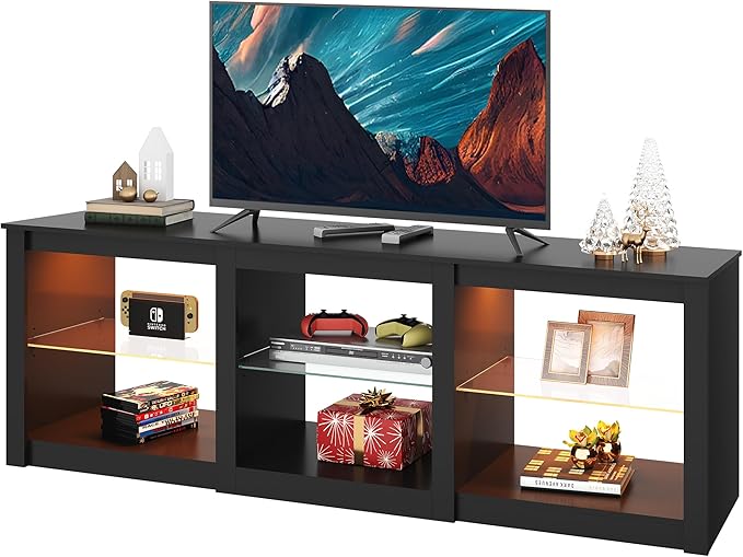 WLIVE TV Stand for 55/65/75 Inch TV, Modern Entertainment Center with LED Lights & Adjustable Glass Shelves, Sturdy Media Console for Living Room, Bedroom,Gaming (Black)