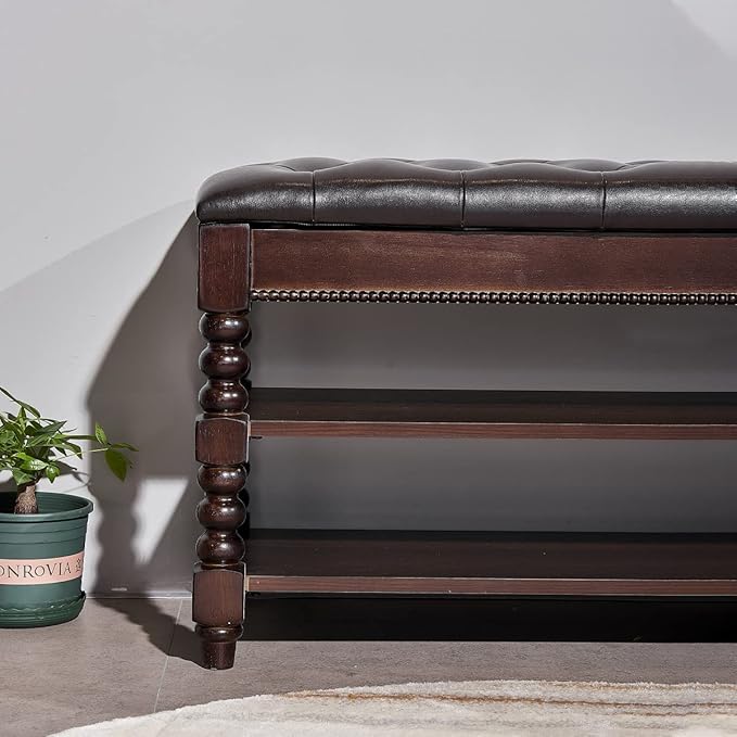 Shoe Storage Bench, Entryway Shoe Rack with Leather Seat 2-Tier Lift-top Organizer Wooden Bench for Foyer Bedroom Living Room Accent Furniture (39.4'')