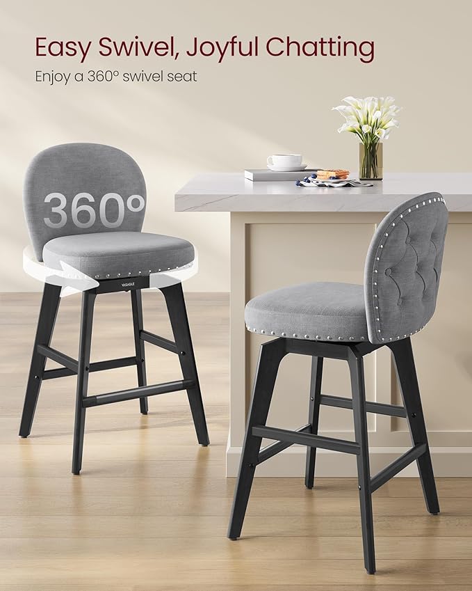 VASAGLE Bar Stools Set of 4, Swivel Counter Height Bar Stools with Back and Wood Legs, Chenille Fabric Upholstered Barstools, 26.2-Inch Tall Counter Barstools for Kitchen Island, Slate Gray