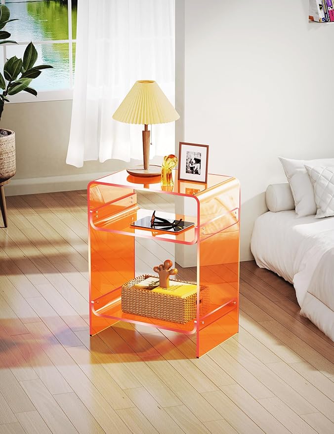 Acrylic Record Player Table with Storage Shelf, Clear Side Table Nightstand (Orange)