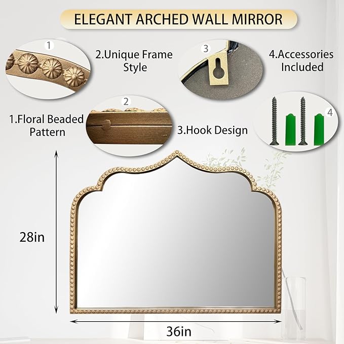 Gold Arched Mirror, 36"x28" Arch Vanity Mirrors for Bathroom, Metal Beaded Frame Ornate Decorative Mirror, Scalloped Vintage Mirrors for Fireplace Bedroom Living Room Entryway Hallway