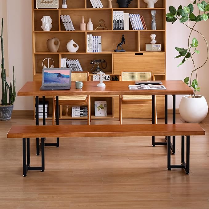 Solid Wood Administrative Desk, Dining Table with Durable Metal Legs, Uniquely Designed Leisure Table, Perfect for Restaurants and Home Offices, (Wood Brown, 78.74in)