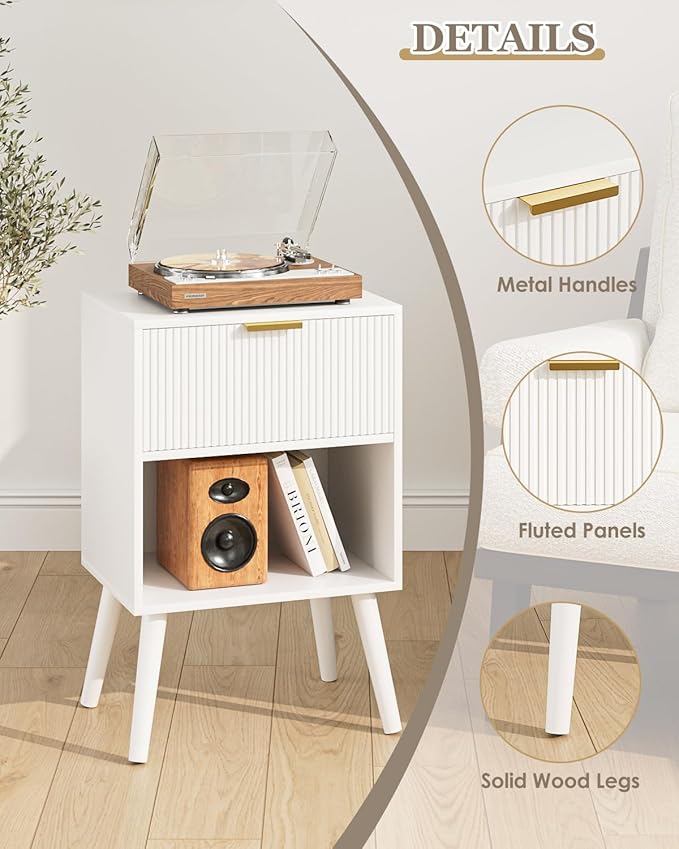Nightstand, Small Side Table, Bedside Table with Drawer, Modern Night Stand, End Table for Bedroom, Living Room (White Stripe)