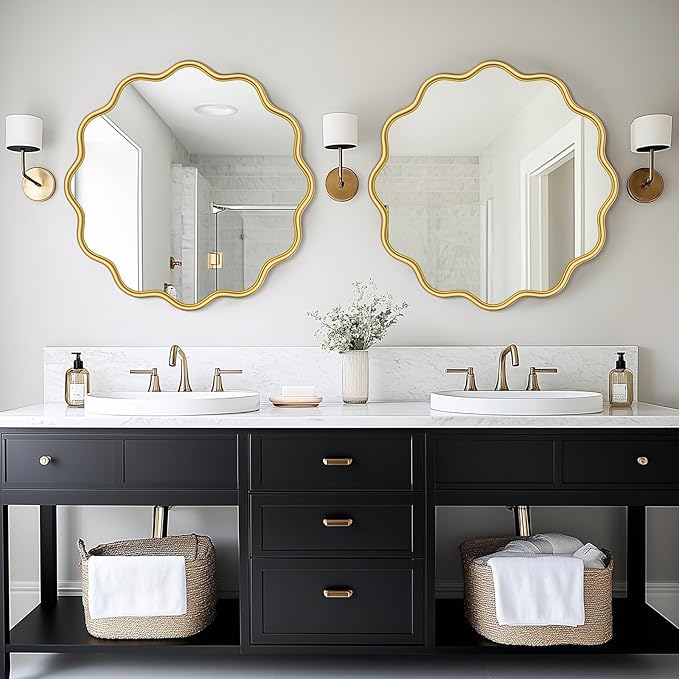 PROHOMEWARE Gold Round Mirror 30 Inch Wavy Bathroom Vanity Mirror Gold Frame Modern Wall Mirror Decorative Wall-Mounte Anti-Rust, Tempered Glass