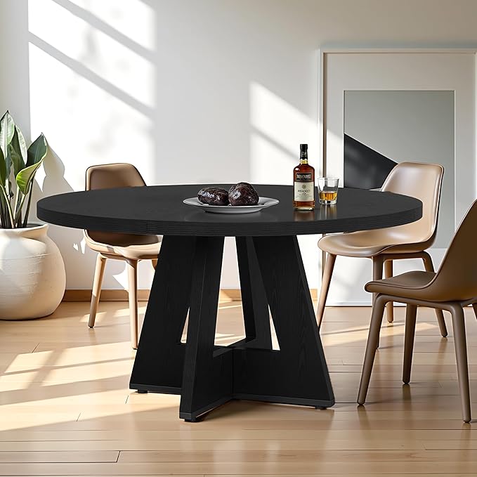 Round Dining Table for 4, 47 Inch Dinner Table Farmhouse Wooden Circle Kitchen Tables with Cross Base for Dining Room, Kitchen, Living Room, Black