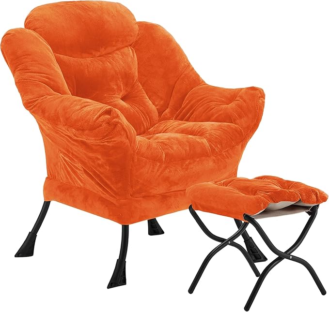 Lazy Chair with Folding Ottoman, Accent Chair Plush Upholstered with Metal Structure and Non-Slip Pads, Sofa Armchair with Footrest and Side Storage Bag for Dorm, Room, Office, Orange