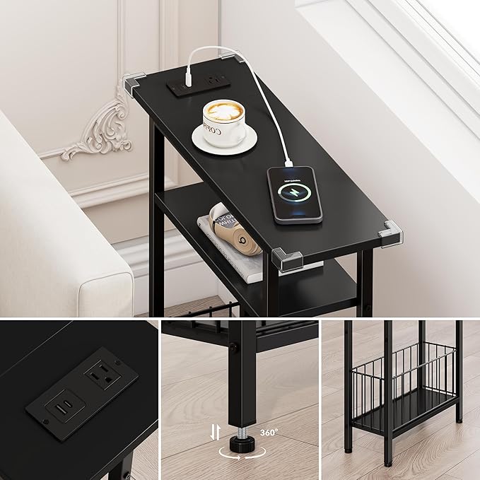 Vagusicc Narrow Side Table with Charging Station, 3-Tier Skinny Side End Table for Couch, Small End Tables for Small Spaces, 25.2" Tall Slim Nightstand Bedside Table for Living Room, Bedroom, Black