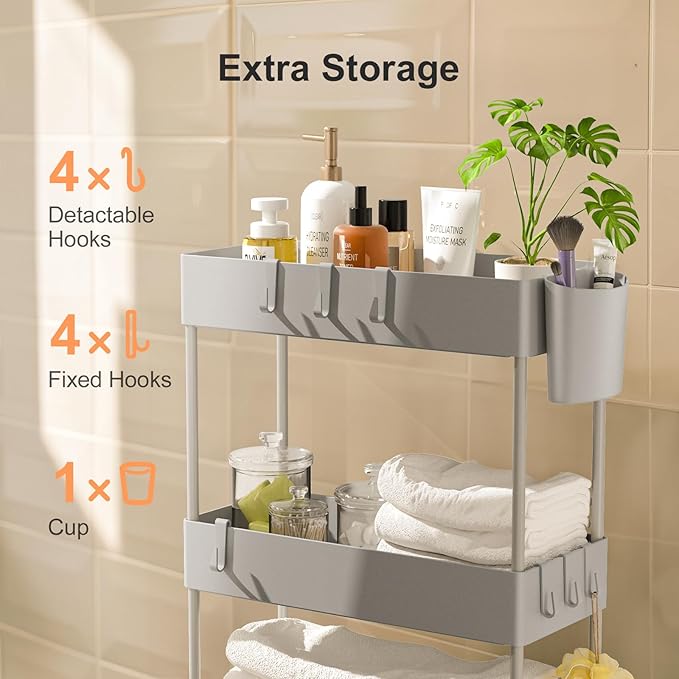 Pipishell Slim Storage Cart with Wheels, 4 Tier Bathroom Storage Organizer Rolling Utility Cart for Bathroom Kitchen Laundry Room Office Narrow Place (Gray)