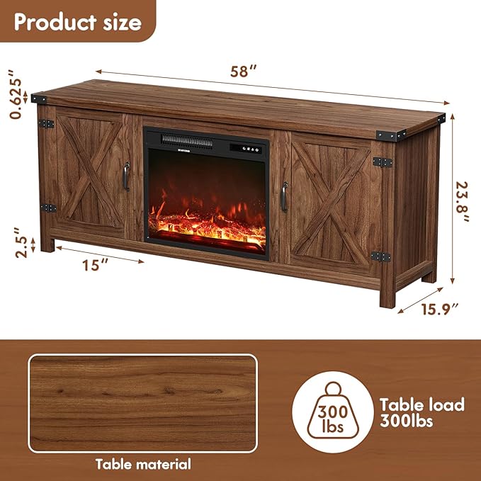 YESHOMY Fireplace TV Stand with Two Barn Doors and Storage Cabinets for Televisions up to 65+ Inch, Entertainment Center Console Table, Media Furniture for Living Room, 58 Inch, Walnut