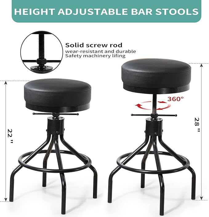 Adjustable Bar Stools Swivel Black Barstools Modern PU Leather 28inch Round Backless Counter Height Stool Metal Industrial Bar Chair for Kitchen Island (1, Black)
