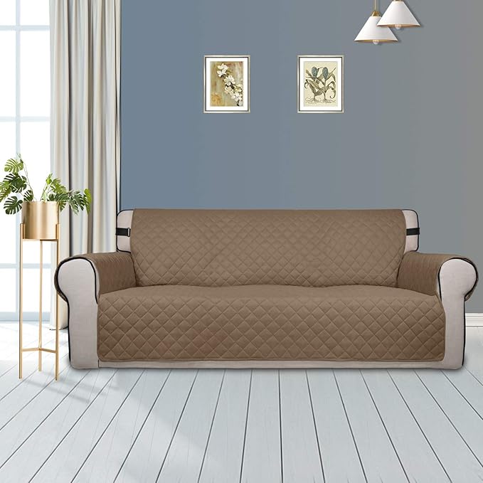 PureFit Reversible Sofa Couch Cover Water Resistant Couch Covers for 3 Cushion, Washable Furniture Cover with Non-Slip Foam and Adjustable Strap for Dogs, Pets (Sofa, Camel/Ivory)