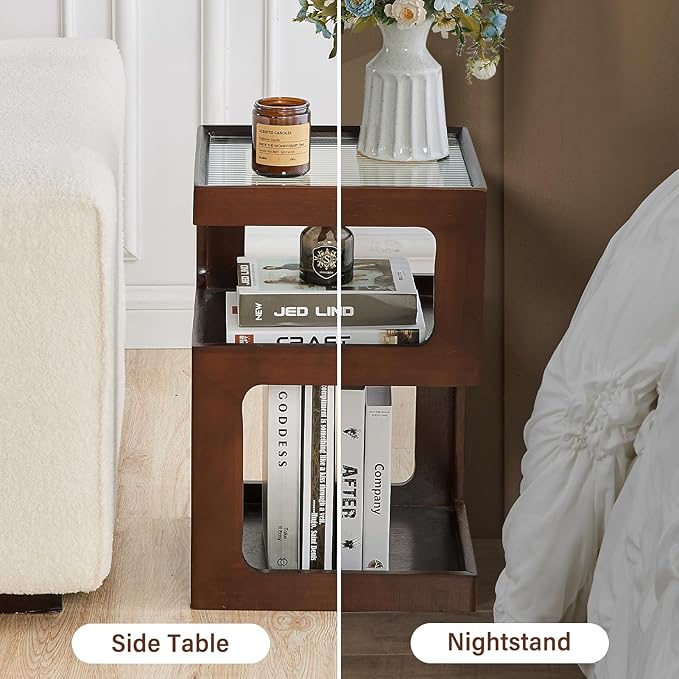 CozyDH 3-Tier End Table No Assembly Required, Modern Side Table 3-Tier Wood Nightstand for Small Spaces with Open Storage, Walnut Bedside Table for Bedroom