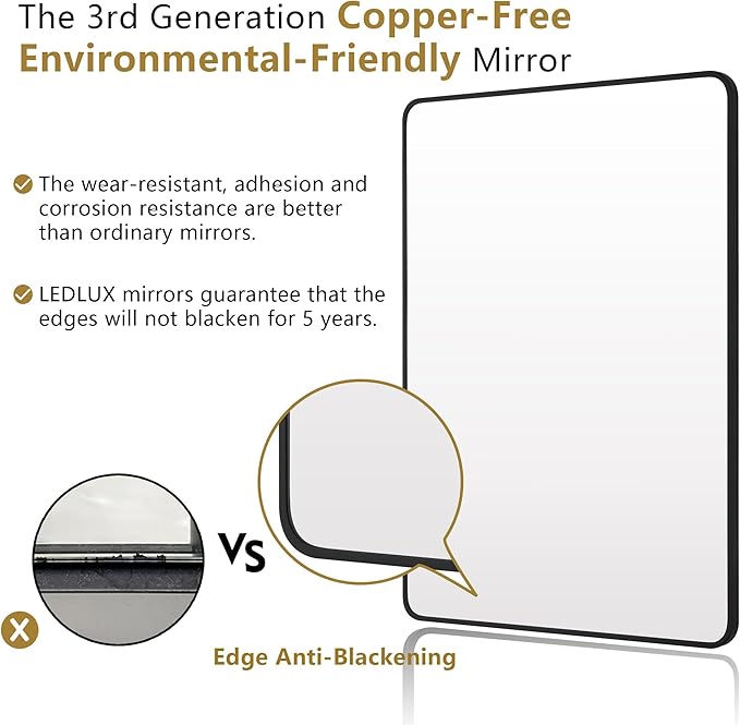 20"x36" Bathroom Wall Mirror with Matte Black Metal Frame & HD Glass, Copper-Free Mirrors Modern Rectangle Round Corner Framed Vanity Mirror - Horizontal or Vertical Installation