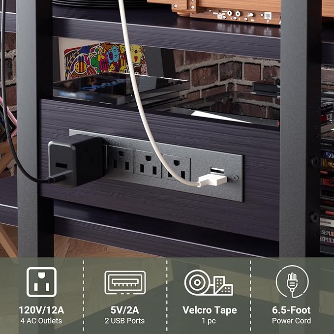 AV Media Stand with Outlets, Media Console with LED Lights, Stereo Racks and Stands with Storage Shelves, Media Audio Tower Cabinet, Black Enoby
