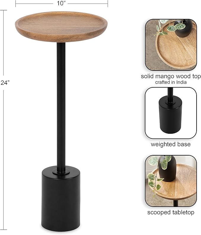 Kate and Laurel Xyler Round Wood and Metal Drink Table, 10 x 10 x 24, Natural Brown Wood and Black, Transitional Plant Pedestal Table for Storage and Display