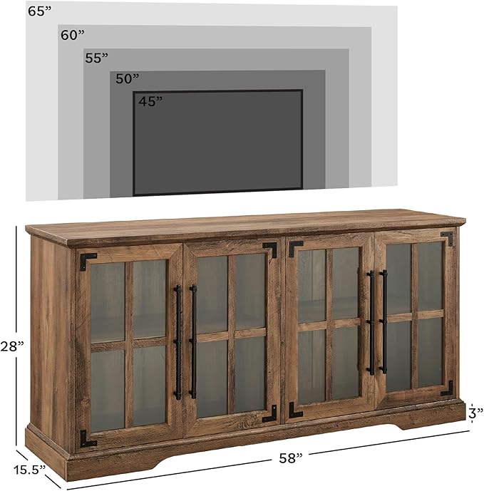 Walker Edison Farmhouse Barn Glass Door Wood Universal TV Stand for TV's up to 64" Flat Screen Living Room Storage Cabinet Doors and Shelves Entertainment Center, 58 Inch, Rustic Oak