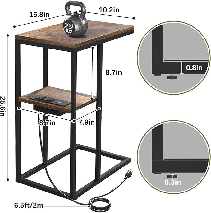 Yoobure C Shaped End Table with Charging Station, Small Side Table for Sofa，26" Tall Tv Tray Couch Table with Storage,Bedside Table with USB Ports and Outlets for Living Room, Bedroom, Rustic Brown