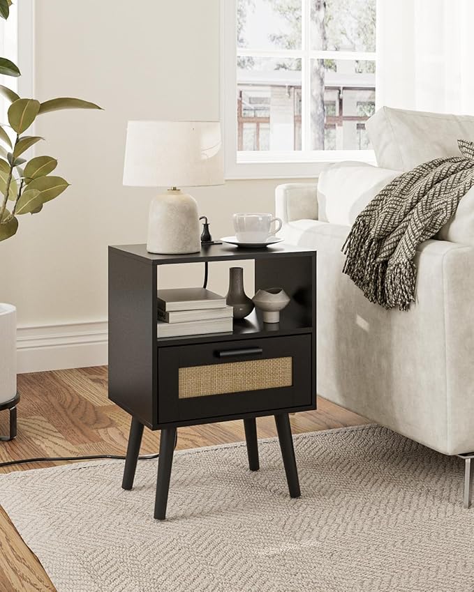 Bedroom Nightstands Wooden Night Stands with Rattan Weaving Drawer Home Bedside End Table for Bedroom Storage (Modern-Black)