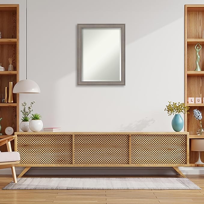 Amanti Art Grey Wall Mirror 28x22 Greywash Rectangle Bathroom Mirror for Wall Decor Living Room, Medium Country Rustic Wood Frame, Hangs Horizonally and Vertically, Bathroom Decor, Beveled Edge