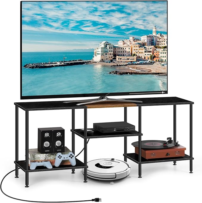 TV Stands for Living Room 50 inch TV Stand with Power Outlet Entertainment Center with Storage 3 Tier TV Console Table for 50 43 40 32 inch TV, Black