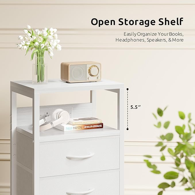 NightStand Bedside Charging Table Bedroom - White Night Stand with Charger Station, USB-C USB Ports & AC Outlets for Dorm, Living Room, Modern End Table with Open Shelf & 3 Fabric Drawers