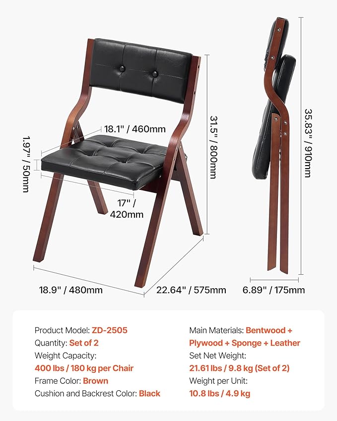 VEVOR Wooden Folding Chairs with Leather Cushion, Set of 2, Portable Foldable Cushion Chair with Wooden Frame, Easy Assembly, Modern Leather Padded Dining Chair for Office, Wedding, Party, Home, Black
