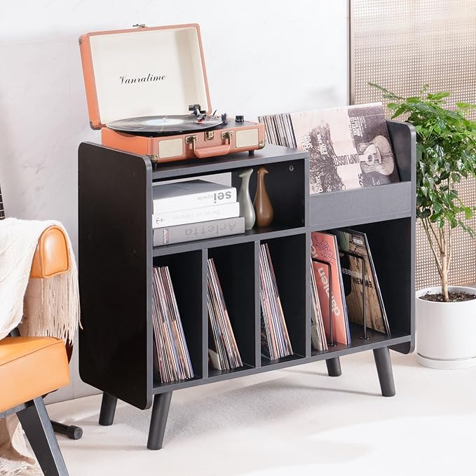 Record Player Stand, Large Record Player Table Cabinet with Open Vinyl Storage and Display Shelf Holds up to 350 Albums, Mid Century Wood Turntable for Living room