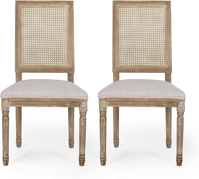 Merax Upholstered Solid Wood Dining Chairs Set of 2, French Country Style Accent Side Seating Furniture for Kitchen, Living Room, Wicker Back, Light Grey