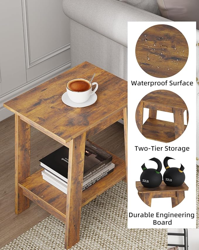 Garvee End Table, Side Table with 2-Tier Storage Shelf, Sofa Table for Small Space, Square Nightstand for Entryway, Farmhouse, Living Room, Easy Assembly, Rustic Brown