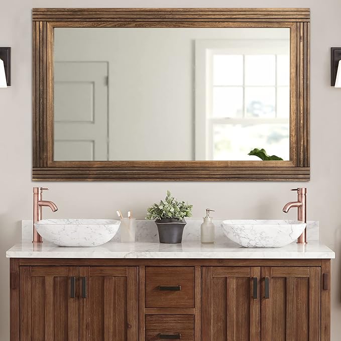 YOSHOOT Hand-Made Wooden Spliced Wall Mirror for Bathroom, Rustic Farmhouse Vanity Mirror, Décor Wall Art, Solid Wood Frame, Vertical or Horizontal Hanging, 60" x 30", Brown