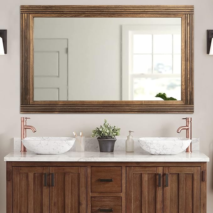 YOSHOOT Hand-Made Wooden Spliced Wall Mirror for Bathroom, Rustic Farmhouse Vanity Mirror, Décor Wall Art, Solid Wood Frame, Vertical or Horizontal Hanging, 60" x 36", Brown