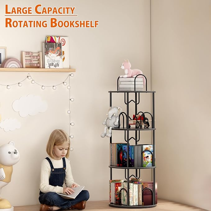 3 Tier Rotating Bookshelf, 360° Spinning Bookshelf Tower, Round Narrow Space Saving for Books and Display, Revolving Bookcase Corner Tall Book Shelf for Small Spaces, Bedroom, Living Room, Black+Black