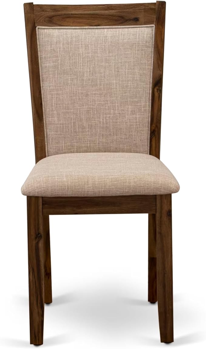 I7MZ5-50N-04 5-Pc Dining Room Set Includes a Pedestal Round Table and 4 Light Tan Polyester Fabric Padded Chairs with Padded Back - Antique Walnut Finish