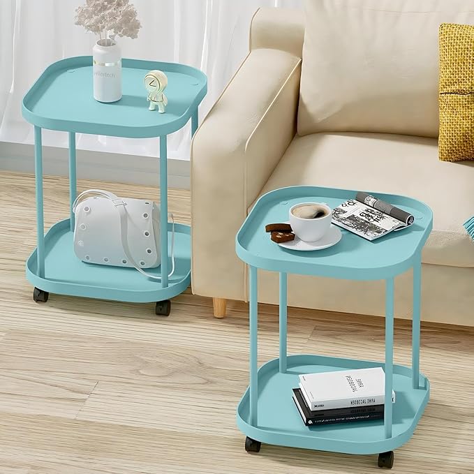 Side Table with Wheels, End Table Living Room Plastic Mobile Sofa Side Table Small Night Stand Bedroom Blue (2 Pack)