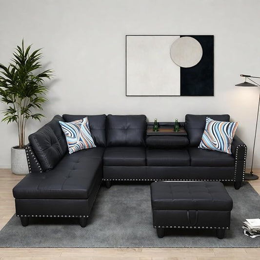 Modern Living Room Furniture Sets with Cup Holder, Modular Sectional Couches with Chaise Lounge, 4-Seaters L Shape Sofa with Storage Ottoman, for Living Room, Faux Leather, Black