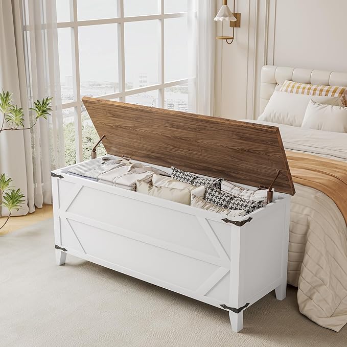HOOBRO 47.2" Toy Box, Storage Chest with Safety Hinges, Toy Chest Storage, Wooden Storage Bench for Bedroom, Living Room, White and Walnut WH16CW01